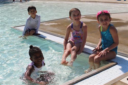 Children sitting poolside